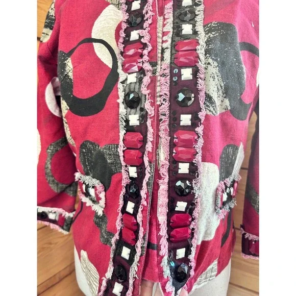 Parsley & Sage Red Abstract Beaded Fringe Jacket Womens Small Art To Wear Blazer - Picture 3 of 10